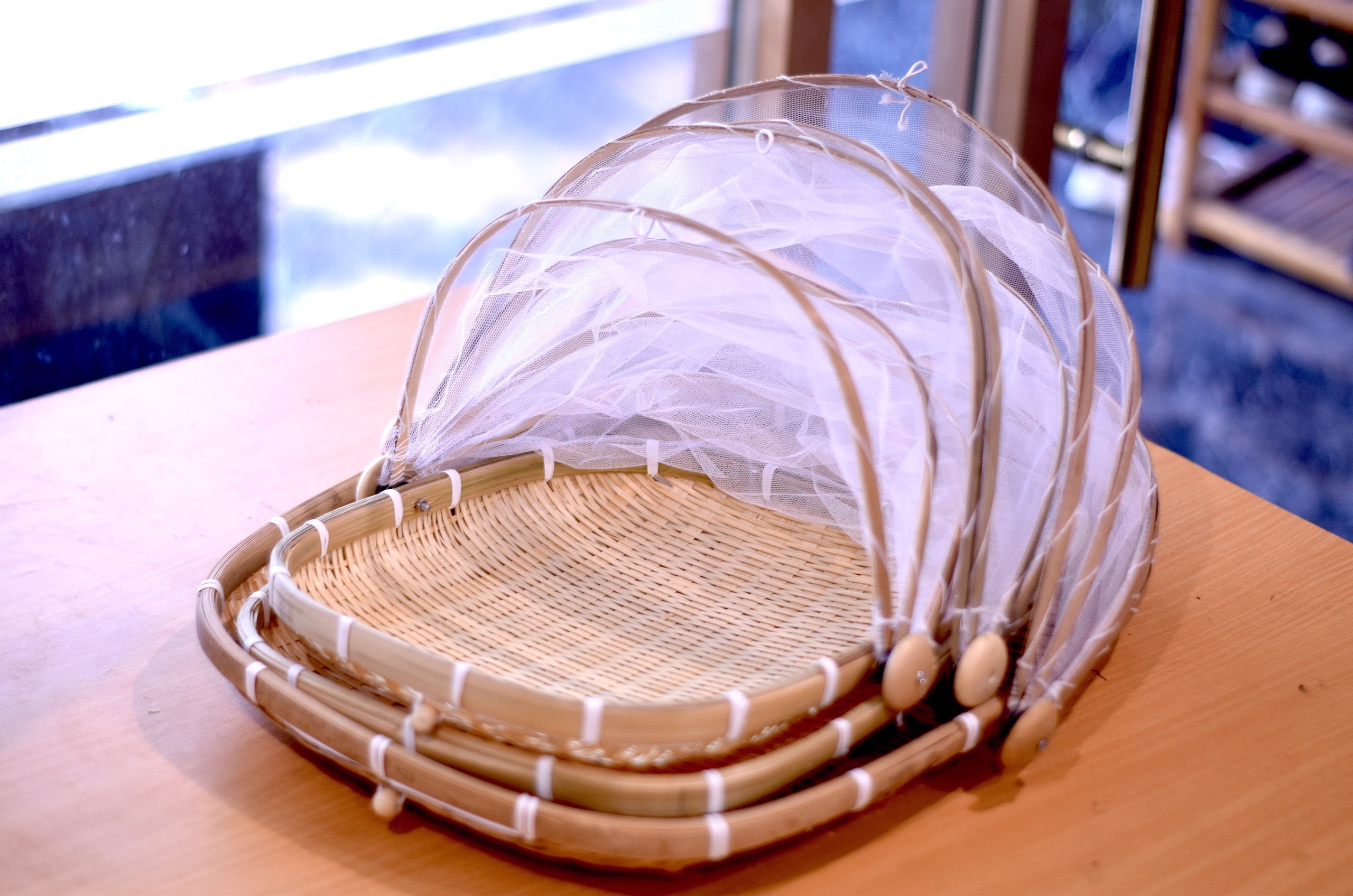 Bamboo Woven Insect-Proof Basket with Mesh Cover Anti-Fly Storage