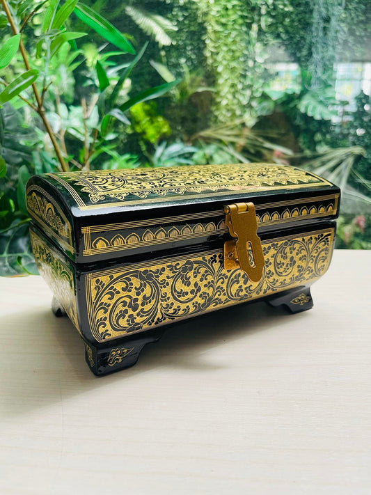 Burmese Lacquer Trinket Box Myanmar Lacquerware Black and Gold