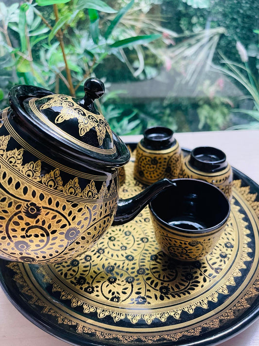 Burmese Lacquer Tea Pot Tray 5 Cups Myanmar Lacquerware Black and Gold