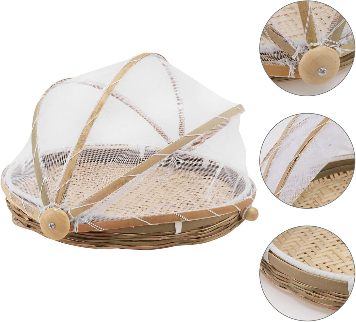 3 Covered Bamboo Serving Food Tent Basket Rattan Picnic Basket-Fruit Basket With Net Cover Insect Proof - EcoFriendly Baskets by MyanmarMakers