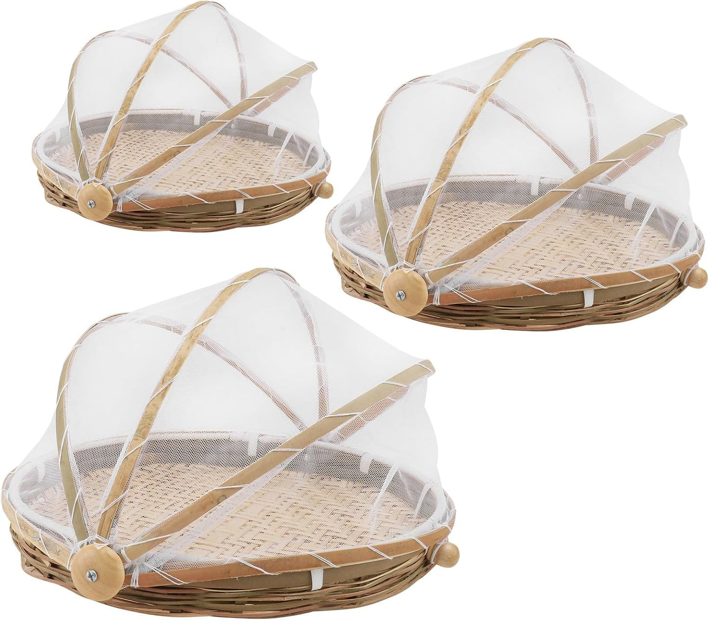 3 Covered Bamboo Serving Food Tent Basket Rattan Picnic Basket-Fruit Basket With Net Cover Insect Proof - EcoFriendly Baskets by MyanmarMakers