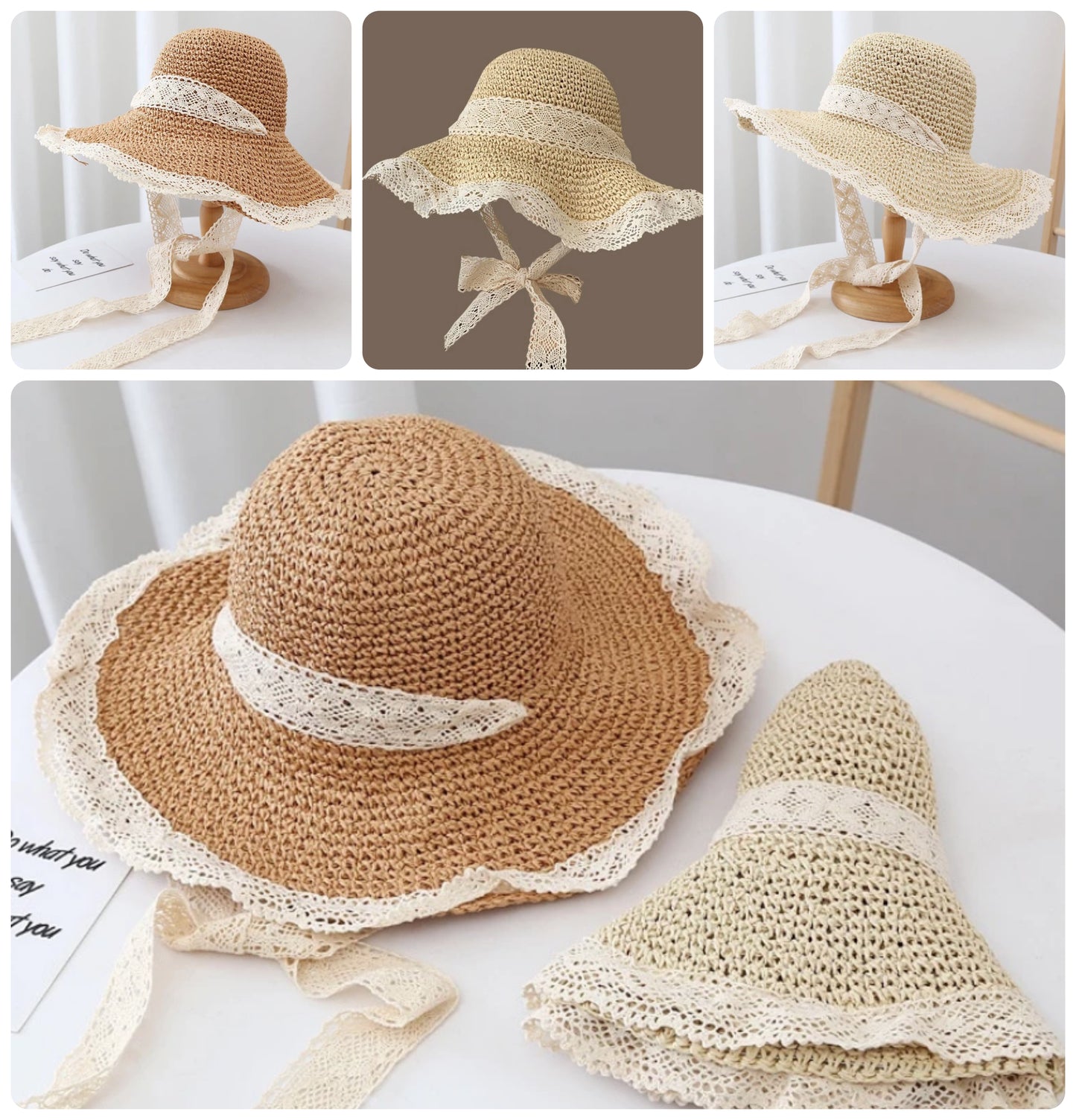 Women's Wide Brim Straw Hat with Lace Trim – Soft Foldable Design with Strap, Coquette Style