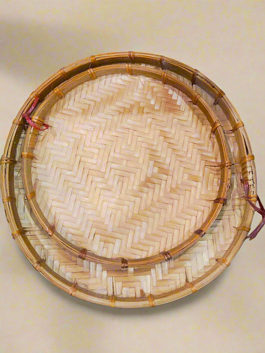 Set of 2 Traditional Handmade Round Rattan Wicker Serving Basket Tray