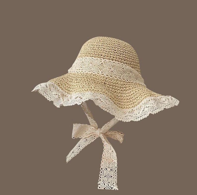 Women's Wide Brim Straw Hat with Lace Trim – Soft Foldable Design with Strap, Coquette Style