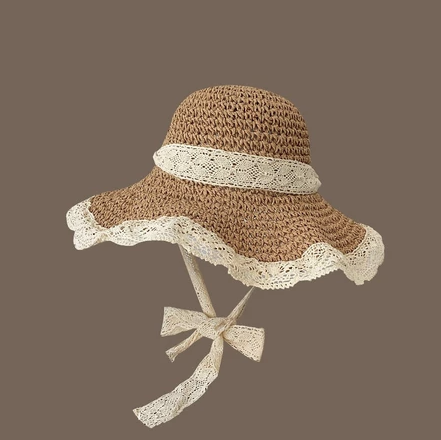 Women's Wide Brim Straw Hat with Lace Trim – Soft Foldable Design with Strap, Coquette Style