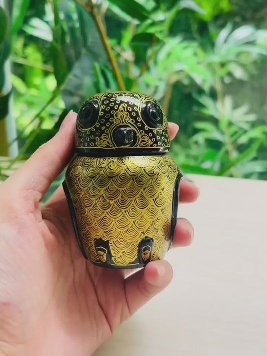1 Burmese Lacquer Owl Jewelry Box Myanmar Lacquerware Black and Gold