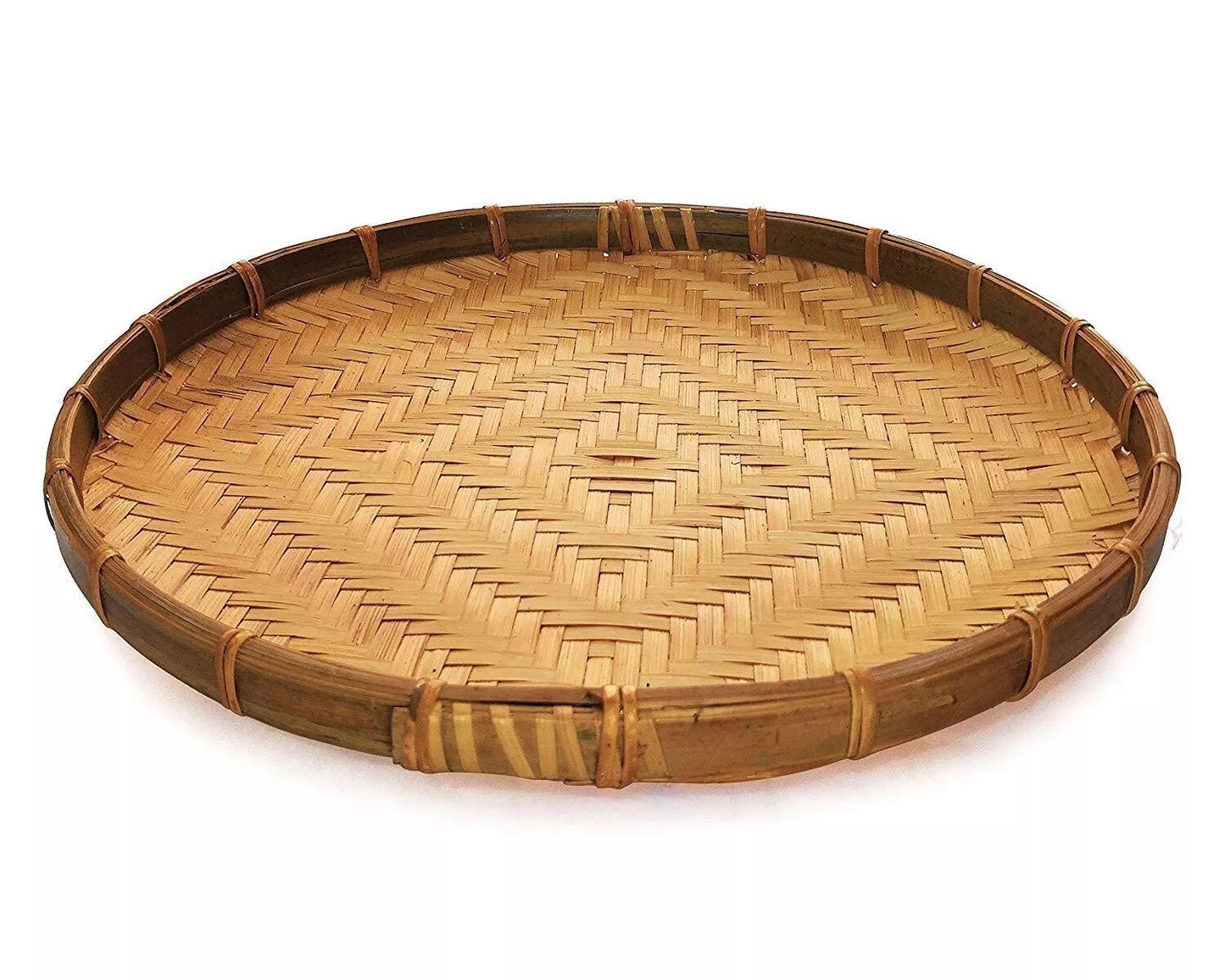 Set of 2 Traditional Handmade Round Rattan Wicker Serving Basket Tray