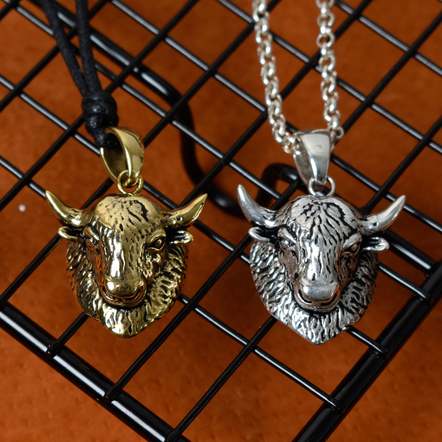 Bison Head 92.5 Sterling Silver Gold Brass Pendant Necklace Jewelry