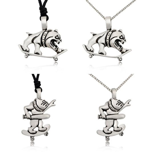 New Bulldog On Skateboard Silver Pewter Charm Necklace Pendant Jewelry