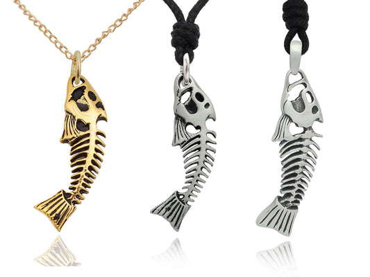 Stylish Fish Skeleton Silver Pewter Gold Brass  Charm Necklace Pendant Jewelry