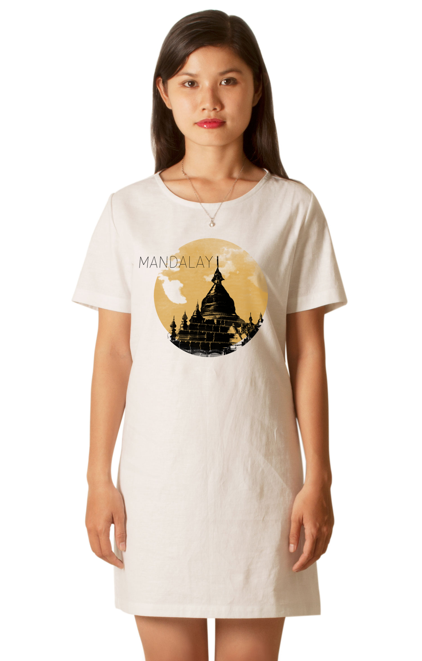 Myanmar Cities Printed Cotton - Mini Shift Dress Custom Round Neck All Sizes - Burmese watercolor