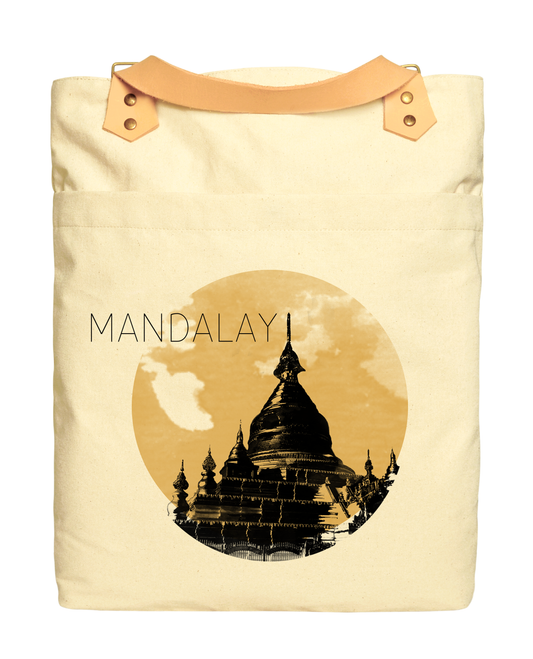 Myanmar Cities Printed Cotton Canvas -  Leather Straps -  Laptop Backpack