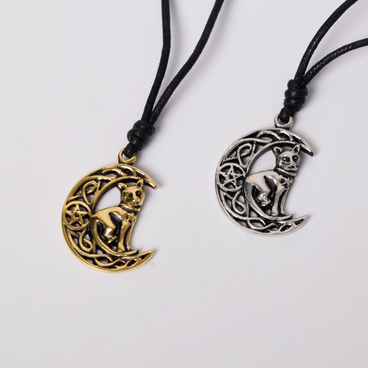 Celtic Moon and Cat Silver Pewter Gold Brass Charm Necklace Pendant Jewelry