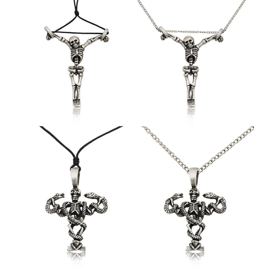 Gothic Skeleton and Serpent Silver Pewter Charm Necklace Pendant Jewelry