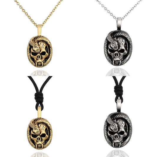 Skull & Snake Silver Pewter Gold Brass Charm Necklace Pendant Jewelry