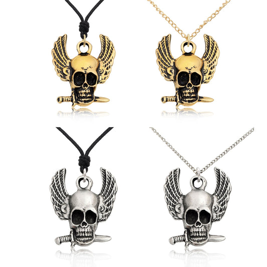 Skeleton Head Winged Silver Pewter Gold Brass Charm Necklace Pendant Jewelry