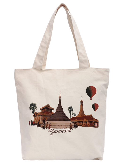 Women Colorful Myanmar's Culture Printed Cotton - White Canvas HandBags / Tote Bags