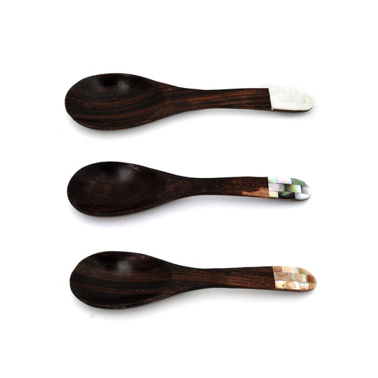 Myanmar Natural Wooden Chinese Soup Spoon With Mother of Pearl Inlay Handle