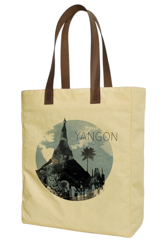 Myanmar Cities Printed Beige Canvas - Tote Bags - Leather Handles