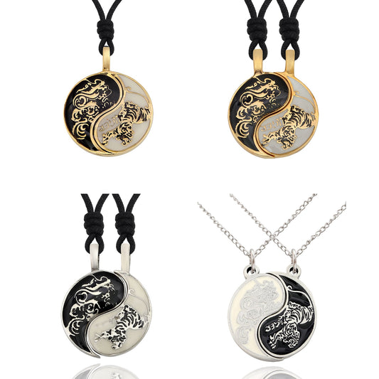 Dragon Tiger Yin Yang Best Friend Handmade Brass Necklace Pendant Jewelry