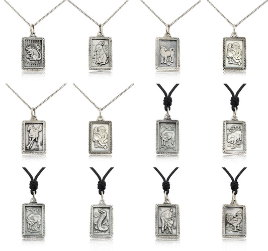 Rectangle Chinese Zodiac 92.5 Sterling Silver Pewter Gold Brass Necklace Pendant